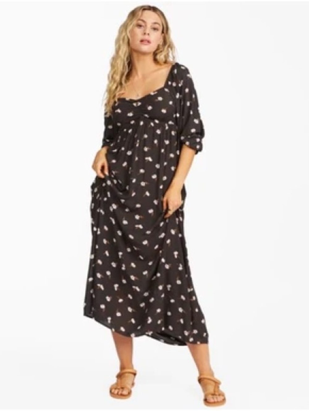 Billabong Black Midi Dress with Small Pink Floral Print